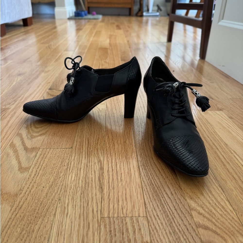 Brighton Black Pointed Lace-Up Heels with Tassel Detail
